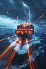 A cargo ship in a storm, its datum network actively rerouting to avoid weather hazards, illustrated by dynamic light and data flow