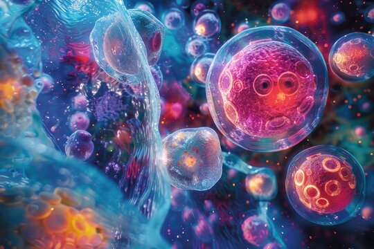 An artistic representation of skin cell regeneration, featuring vibrant colors to differentiate various types of cells in the process of healing