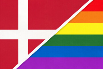 Denmark national fabric flag and rainbow flag of LGBT community