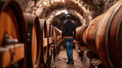 A young male traveler explores a historical wine cellar filled with ancient wooden casks in France.