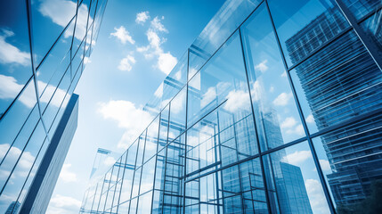 Transparent abstract modern office buildings glass wall background, blue sky reflecting exteriors