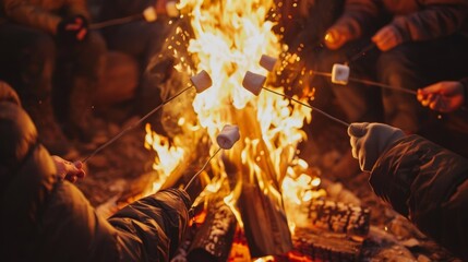 A group of people roasting marshmallows over a campfire, AI