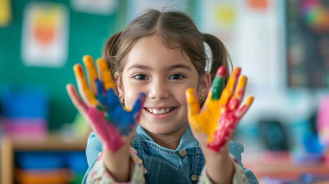 smiley happy preschooler in a classroom holding colourful painted hands, in the style of pont-aven school, human-canvas integration, AI Generative