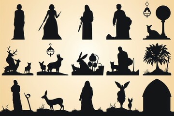 A collection of silhouettes of people and animals, including a man with a stick