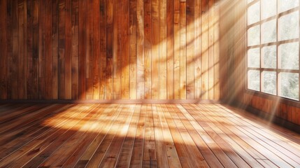 Sunbeams illuminate the warm hues of a spacious wooden room, creating a peaceful and inviting atmosphere AI Generative. - obrazy, fototapety, plakaty