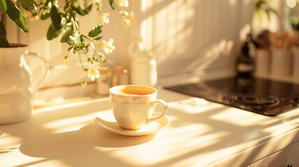 cup of morning coffee, sunlight, bright kitchen