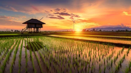 Foto op Canvas Wind turbine on paddy field at sunset,thailand © Plaifah