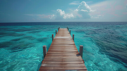 A long wooden pier leading into the endless waters of the ocean. AI. - obrazy, fototapety, plakaty