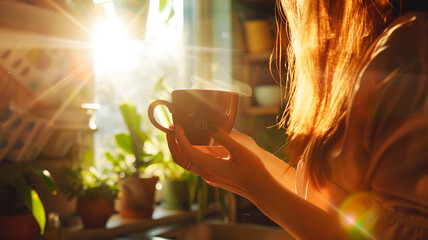 woman holding a cup of coffee in her hands, sunlight, bright kitchen - Powered by Adobe