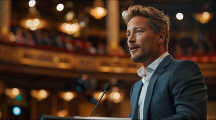 A man in a suit giving a speech at an event, AI