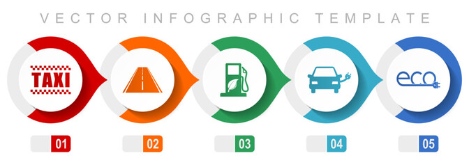 Renewables, transport flat design infographic template, miscellaneous symbols such as taxi, road, bio fuel, electric car and eco sign, vector icons collection - obrazy, fototapety, plakaty