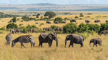 Fototapeta premium A herd of a group of elephants and zebras in the wild, AI