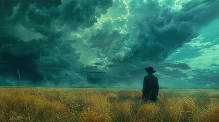 Looming dramatic clouds cast shadows over a desolate field, a scarecrow guarding as the air hints of rain