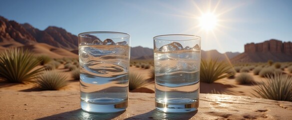 Glass of drinking water on desert background