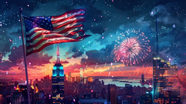 New York City skyline with fireworks and an American flag in the background, realistic photo shoot, dark atmosphere