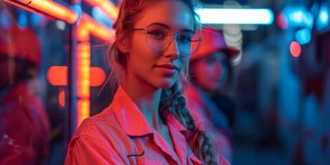 A fashion portrait of a beautiful women posing in colorful, bright neon UV blue and red lights. Models wearing trendy glasses. Club, disco style.