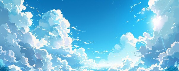 The serene setting under the bright blue sky and fluffy clouds on a sunny, clear summer day feels refreshing - obrazy, fototapety, plakaty