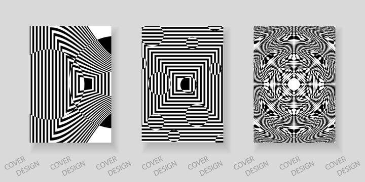 Black and white minimal geometric backgrounds set.Striped geometric pattern with visual distortion effect. For printing on covers, banners, sales, flyers. modern design. Vector.