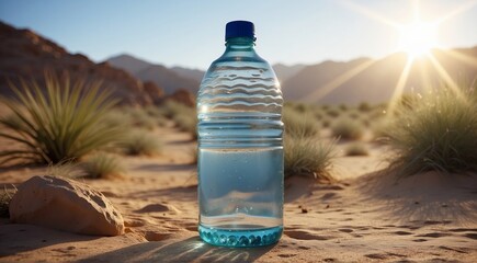 Drinking water bottle on desert background - obrazy, fototapety, plakaty