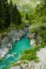 Soča, Bovec, Slovenia. Valley with rapid rivers surrounded by woods. Tibetan wooden bridges. Area...