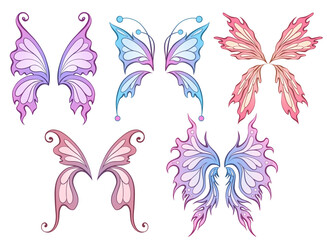 Fantasy collection of fairy wings in delicate gradient colors. Vector set of contour butterfly wings clipart in pastel colors isolated from background for stickers and sublimation