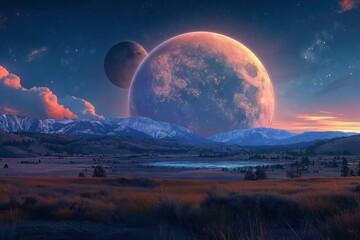 Giant Moons Rise Over a Twilight Mountain Landscape