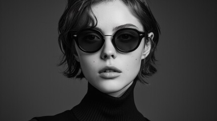 A woman with sunglasses and a turtle neck sweater, AI