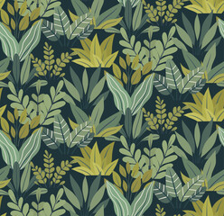 Vector surface design with flat hand drawn plants bushes on a dark background. Texture with various leaves, stems and foliages. Botanical seamless pattern for fabrics, wallpaper and clothing.