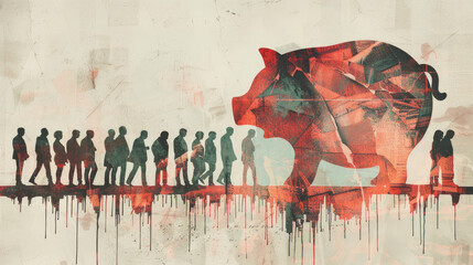  illustration of a shattered piggy bank combined with a line of unemployed individuals, symbolizing the financial insecurity and job losses during an economy crisis - obrazy, fototapety, plakaty