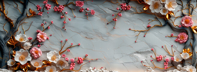 3D wallpaper with marble circle frame, floral and leaves, grey background