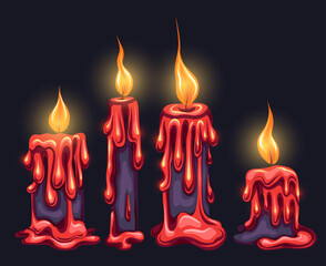 Vector magic set of cartoon candles with lights. Mystery collection cliparts of red wax candles with sparkle on a dark background for mobile games, condolence letters and invitations. Mystery ritual