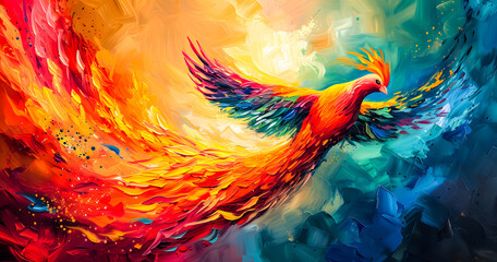 Fototapeta premium An abstract painting phoenix colorful feather background, 4K Desktop wallpaper