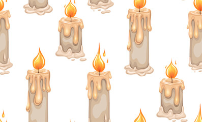 Vector festive pattern with cartoon wax candles with lights on white background. Vertical ritual texture with white paraffin candles for textile, wallpaper. Religion backdrop.