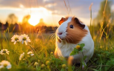 Guinea Pig Amidst Flowers at Sunset