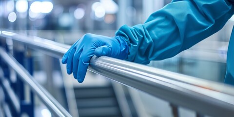 A detailed close-up of a protected hand in a blue glove touching a metallic handrail, emphasizing hygiene on a blurred background