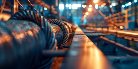 A striking close-up shot of heavy metal wire coils captures the robust industrial atmosphere against a dynamic lighted background - obrazy, fototapety, plakaty
