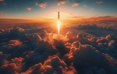 Rocket Ascending Through Clouds at Sunset
