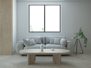 Wizualizacja 3d wnętrza pokoju salonu w minimalistycznym stylu z lamelami sofą stolikiem kawowym i oświetleniem sufitowym track szynoprzewodowym - obrazy, fototapety, plakaty