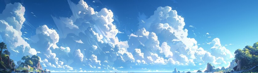 A peaceful summer day with a clear sky, fluffy clouds, and a majestic atmosphere awaits in the landscape - obrazy, fototapety, plakaty