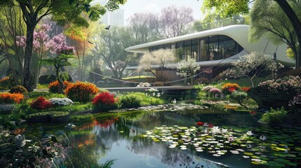 Fototapeta na wymiar A futuristic home, it is very advanced in appearance, there is a lush green pond around it, and there are colorful flowers and gardens, there is also a futuristic swing bridge, a Future city images