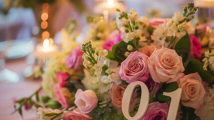 Fototapeta premium Decorative table number amidst romantic floral arrangement, concept of wedding celebration and elegance.
