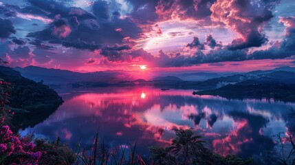 A beautiful sunset over a lake with mountains in the background, AI