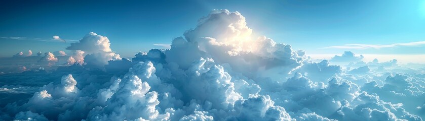 Scenic natural blue sky, elevated fluffy clouds, tranquil peaceful day, majestic clear atmosphere, sunny summer landscape - obrazy, fototapety, plakaty