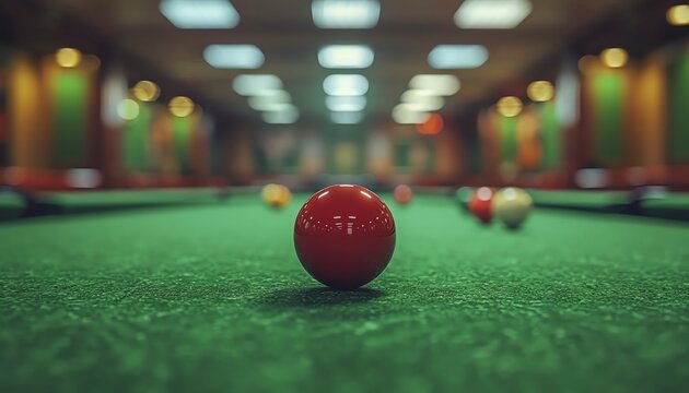Snooker competition in a quiet hall, players focused on the break shot, each move filled with strategic play