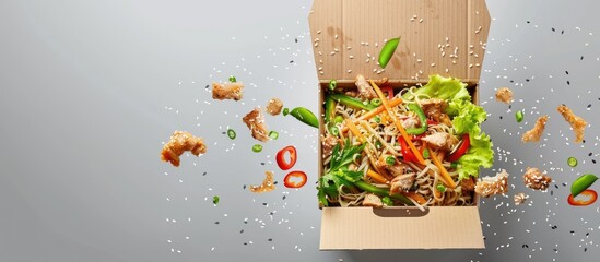 Noodles, chicken, pepper, lettuce, and sesame seeds for wok preparation are dropping into an empty cardboard box for delivery, representing Asian food delivery. Plenty of space for text.