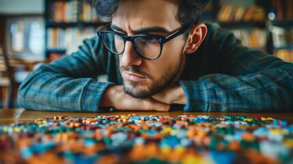 A man with glasses sitting at a table surrounded by legos, AI