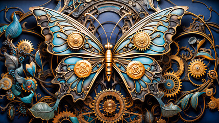 Fototapeta na wymiar Steampunk Butterfly Centerpiece in Brass and Blue with Gears and Clockwork Elements - Artistic Mechanical Insect Design