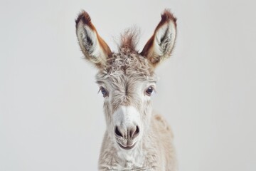 Fototapeta premium Close-up portrait of a young llama against a minimalist white background