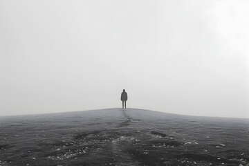Black-and-white photograph of man Solitude Amidst Infinity