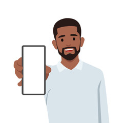 Young black man showing smartphone or man holding smartphone close up. Flat vector illustration isolated on white background